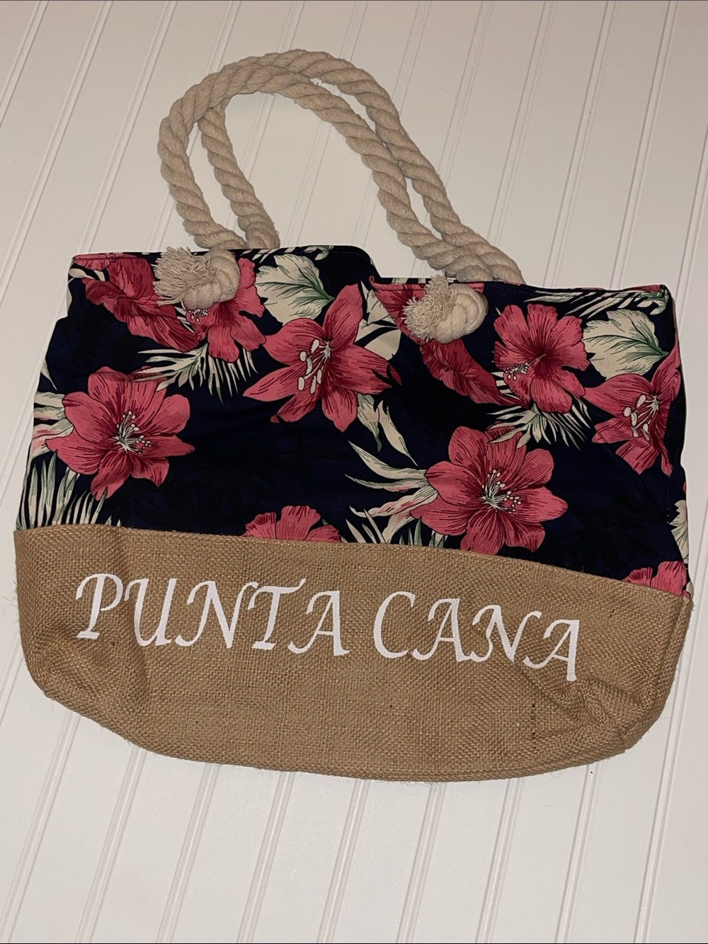 Punta Cana Floral Tote Bag in Pink and Navy by